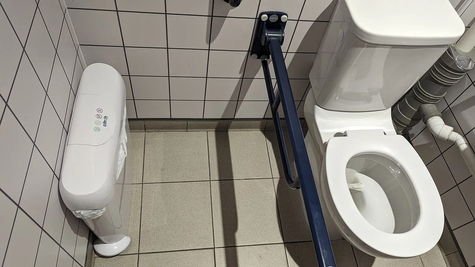 A lidded sanitary bin beside a toilet